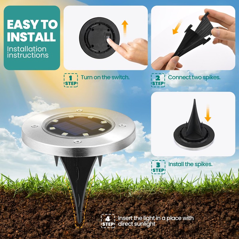 GIGALUMI Solar Ground Lights - No-Drill Fence Lighting Solution, Waterproof