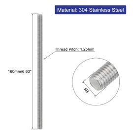 QUARKZMAN Pack of 5 Fully Threaded Spindle, M8 x 160 mm, 304 Stainless Steel, Right-Hand Thread, Threaded Rods, M8-1.25 Thread Pitch for Furniture and Machine Assembly