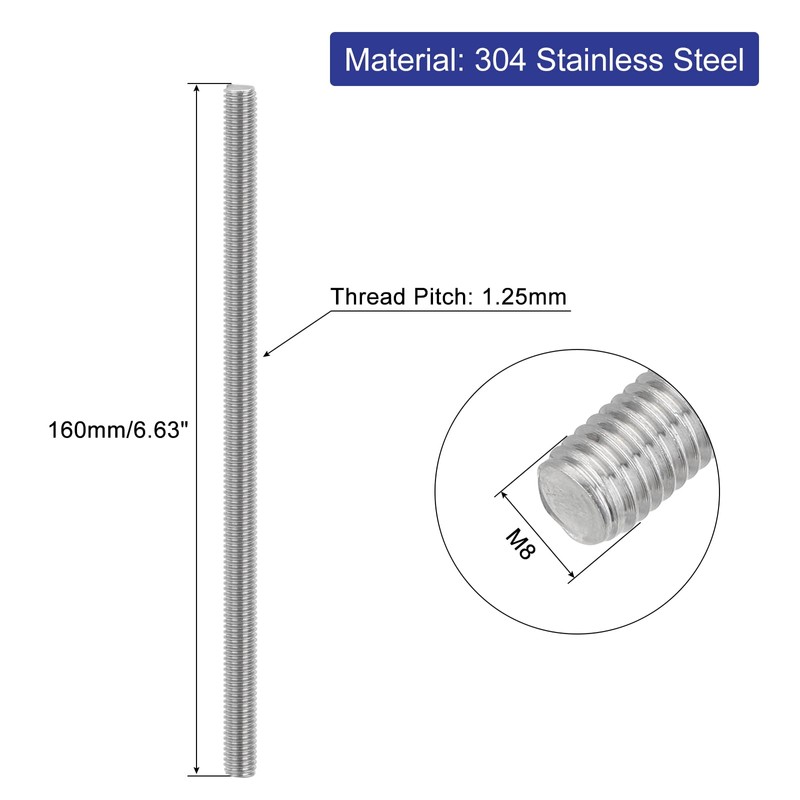 QUARKZMAN Pack of 5 Fully Threaded Spindle, M8 x 160