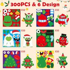 Haooryx 300pcs Make A Christmas Monster Face Sticker Roll, Make Your Own Cartoon Xmas Monster Self Adhesive Sticker Decals, Mix and Match One Eye Monster DIY Sticker for Kids Christmas Party Supply