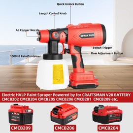 Picvelno Cordless HVLP Paint Sprayer for V20 Craftsman 20V Battery Tool,200W Brushless Handheld Electric Paint Spray Gun with 1000ML Container for DIY Small Projects:Fence,Cabinets,Chairs(No Battery)