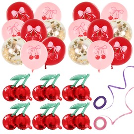 Cherry Balloons 22 Pcs 20 Inch Red Foil Mylar with 2 Ribbons, for Cherry Summer Birthday Party & Baby Shower Decorations