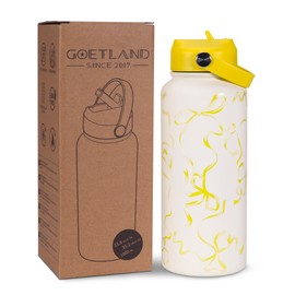 Goetland Ribbon Water Bottle with Straw Lid 32 oz Stainless Steel Wide Mouth Vacuum Double Insulated Drinking Cup Cute Leakproof UV Printing for Women Girls Lemon