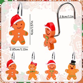 JarThenaAMCS 12Pcs Christmas Shower Curtain Hooks Gingerbread Man Curtain Rod Rings Xmas Decorative Curtain Hanger Hooks for Living Room Bedroom Bathroom Decor