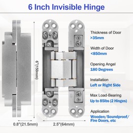 XMZ-DDUP 2Pcs 6 inch Hidden Door Hinges -Invisible Hinges for Doors, 180 Degree Swing Concealed Hinges, 3 Way Adjustable & Heavy Duty (‎Silver)