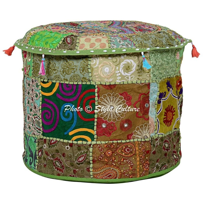 Stylo Culture Cotton Patchwork Embroidered Pouffe Stool Ottoman Stool Pouf