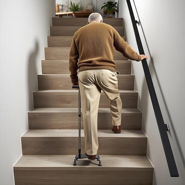 Adjustable Stair Climbing Cane for Seniors, Quad Base Walking Stick
