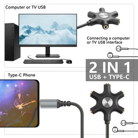 GINTOOYUN USB A/C Male to 5-Port 3.5mm Female Headphone Audio Splitter 5 Jack 3.5mm Stereo Music Sharer 1 Male and 5 Female Splitter Phone Computer Jack Separato (with USB)