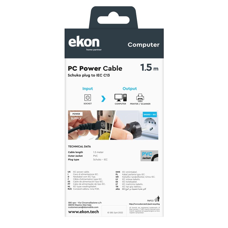 Power Cable for PC, Printer, Monitor, IEC C13 Plug, Schuko