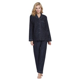 TONY AND CANDICE Women's 100% Cotton Long Sleeve Flannel Pajama Set Sleepwear (X-Large, Navy Stars with White Piping)