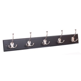 BIRDROCK HOME Tri Hook Coat Rack - 5 Hooks - Wall Mount Hat Rack - Black Finish - Satin Nickel Hooks