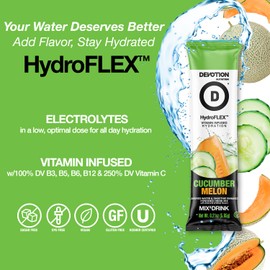 Devotion Nutrition HydroFLEX Water Flavoring Packets – Sugar-Free Hydration with Vitamins & Electrolytes – Dye-Free, Gluten-Free (Cucumber Melon) 12-Pack Drink Mix