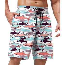 ERECT PEAK Men Barracuda Swimwear Long Shark Swim Trunk Beach Hawaiian Stretch Graphic Board Short Multicolor S