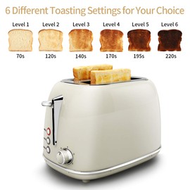 Toasters 2 Slice Retro Stainless Steel Toasters with Bagel, Cancel, Defrost Function and 6 Bread Shade Settings Bagel Toaster, Beige