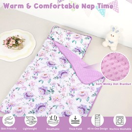 Toddler Nap Mat with Removable Pillow & Soft Minky Blanket, HNHUAMING Extra Large Rolled Napping Mats for Girls Boys, Purple Kids Slumber Bags for Daycare, Preschool Travel Camping, Floral