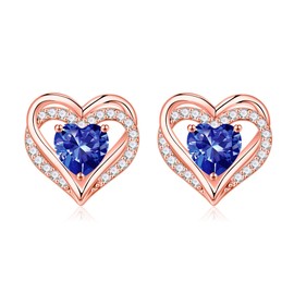 Iefil Rose Gold Heart Earrings for Women, December Birthstone Blue Tanzanite Heart Stud Earrings for Women