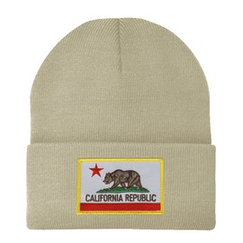 Made in USA - California Bear Flag Embroidered Patch Winter Long Cuff Beanie - Stone