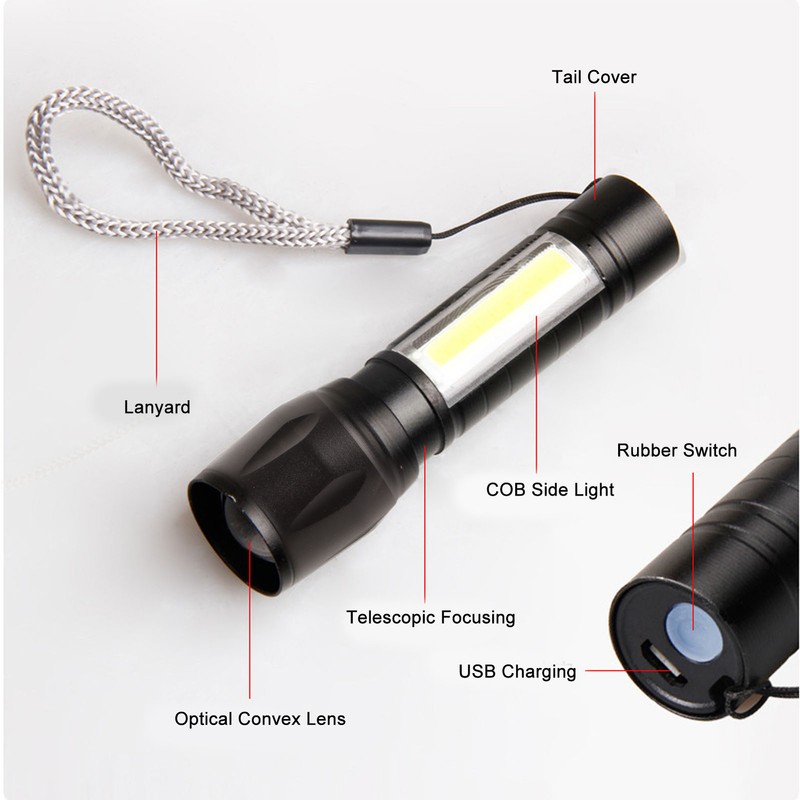 4Pcs Retractable Flashlight COB LED Zoom Flashlight Rechargeable Strong Light