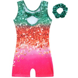 HOZIY Gymnastics Clothes for Girls Size 5-6 Sparkly Kids Bow Back Biketards Unitards with Shorts Scrunchie Tumbling Outfits Activewear Green Pink Glitter
