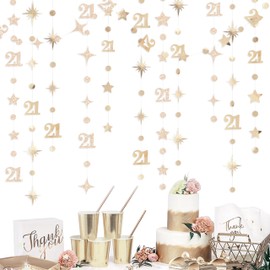 Champagne Gold 21st Circle Dot Star Streamer Garland Metallic Glitter Paper Number 21 Hanging Banner for Boys Girls Happy 21 Years Old Finally Legal Twenty One Birthday Anniversary Party Decorations