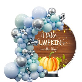 PHMOJEN Baby Shower Round Backdrop Cover, 7.2x7.2ft Polyester A Little Pumpkin is on The Way Circle Round Arch Backdrop Stand Cover for Photography, Chic Circular Rustic Wood Photo Backdrop YMBLSPH30