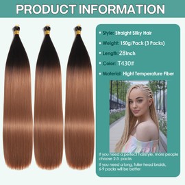 Locescsoc 28 Inch Straight Hair Extensions 150 g 3 Packs Bone Straight Braiding Hair, Soft Synthetic Bundles Crochet Braids Hair Bundles for Braiding (OT4/30, 28 Inch 3 Packs)