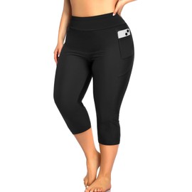 Holipick Plus Size Swim Pants for Women Swim Capris High Waisted Swim Leggings UPF 50+ Long Swim Shorts, Black Regular, 14 Plus