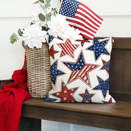 DFXSZ 4th of July Pillow Covers 18x18 inch Set of 2 Red Blue Stars Decor White Independence Day Decorative Cushion Cases for Home Sofa Couch Chair Living Room TH141A18