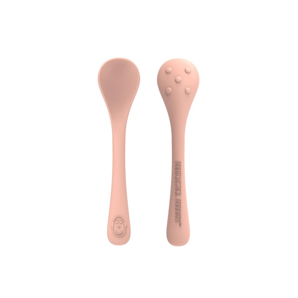 Matchstick Monkey Baby Spoon with Bumps, Antimicrobial Protection, Easy to Clean, Non-Slip Grip, BPA Free, 12 Months Old and Plus, Dusty Pink, Pack of 2
