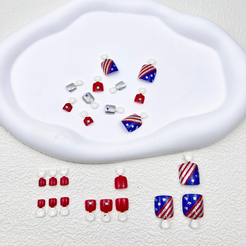 Independence Day Glitter Stripe Press on Toenails Short Square Fake