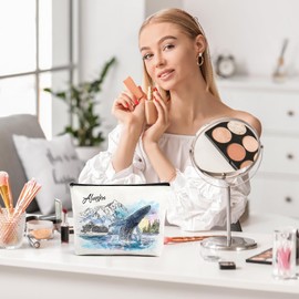 VeloKomo Alaska Souvenirs Makeup Bag - Alaskan Cruise Essentials for Women Portable Toiletry Pouch Trip Must Haves Watercolor Travel Cosmetic Bags Birthday Christmas Gifts for Girls Mom Friend