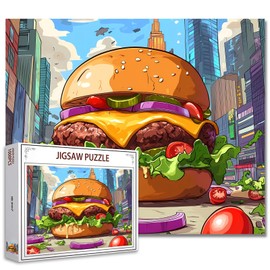 America Food Puzzles 1000 Pieces for Adults,Families(Lange Hamburger,Tomato,Onion,Cheese,Beef) Pieces Fit Together Perfectly 19.7''x27.6''inch Cityscape Frameable Magic Puzzle Art Gift(Colorful)
