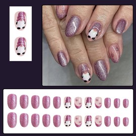 24 Pcs Christmas Press on Nails Short Almond - MINGCHUN French Fake Nails Purple Glitter False Nails with Cute Santa Claus Design Acrylic Nails Full Cover Glue on Nails Christmas Nails Press on