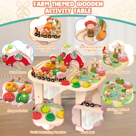 Activity Table for 1 Year Old, Baby Wooden Sensory Table with Bead Maze Shape Sorter Train Track for Toddler, Farm Montessori Toy Activity Center Educational Learning Toys for Kid 12+ Months (Natural)