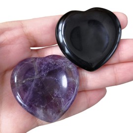 Lovionus89 Pack of 2 Heart Worry Stones Thumb Palm Trees Pocket Stones Positive Energy Meditation Chakra Healing Crystal, Black Obsidian + Amethyst