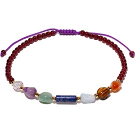 Wizock Reiki 7 Chakra Beaded Anklet Spiritual Colorful Tumbled Stones and Crystals Ankle Bracelets for Women Meditation Yoga Beach Jewelry (Garnet)