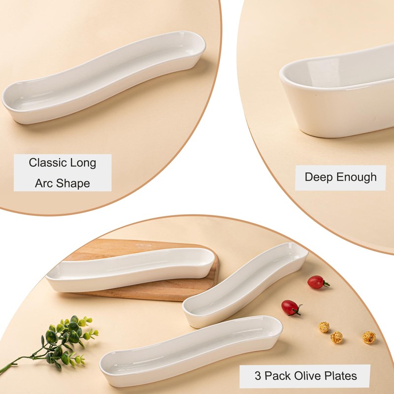 3-Pack Olive Plates-Versatile Ceramic Olive Tray for Snacks, Appetizers Platter-Long