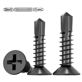 FandWay 100 Pcs Self Tapping Screws for Metal,M4.2x25mm Self Drilling Screws,Countersunk Head Sheet Metal Tek Screw,410 Stainless Steel Black Coating Phillips Drive With 1 Bits & Strong Box.