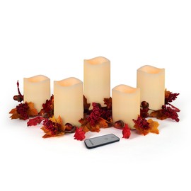 Elements Set of 5 Ivory LED Pillar Candles with Harvest Artificial Greenery Garland
