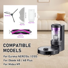 DianSung Replacement Accessories for Eureka NERE10s E10S for Obode A8 A8 Plus for Midea M9 Robot Vacuum Parts, 1 Main Brush, 4 Side Brush, 2 HEPA Filters, 4 Wipes