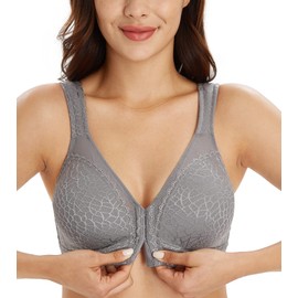 Lemorosy Women's Plus Size Full Coverage Front Closure Posture Back Unpadded Wireless Double Support Minimizer Bra (Grey, 38DD)
