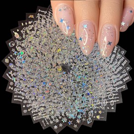 30 Sheets Silver Nail Stickers Aurora Nail Art Stickers 3D Embossed Self Adhesive Nail Decals Holographic Line Letter Nails Design Summer Nail Art Decals for Women Manicure DIY Decoration