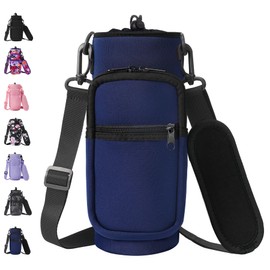 AceTreker 32 oz 40 oz Water Bottle Holder with Strap, Sport Water Bottle Sleeve with 2 Pockets, Neoprene Metal Thermo Bottle Sling Bag for Walking, Hiking, Camping-Navy