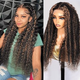 Highlight Deep Wave Lace Front Wigs Human Hair 24 Inch 13x6 HD Transparent Lace Front Wigs 200 Density 1/30 Ombre Brown Curly Wig for Women Pre Plucked with Baby Hair