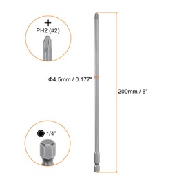 sourcing map 5pcs #2 Phillips Screwdriver Bit PH2 1/4" Hex Shank 8" (200mm) Long Magnetic S2 Steel Industrial Grade Screw Driver Bit Cross Head Electric Drill Bits 0.177" (4.5mm) Rod