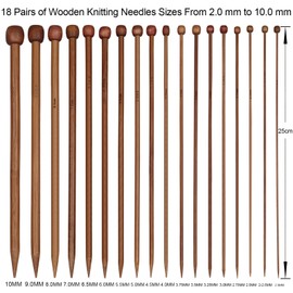 Aeelike Bamboo Knitting Needles Sets with Case, 18 Pairs of 2.0-10.0 mm Single Pointed Bamboo Knitting Needles, 25 cm Short Bamboo Needles, Wooden Straight Knitting Needles for Beginners Adults