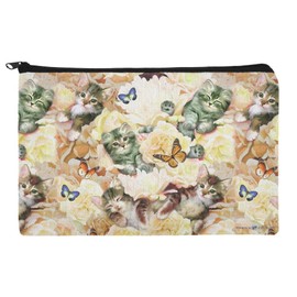 Kittens Cats Yellow Flowers Butterflies Pattern Makeup Cosmetic Bag Organizer Pouch