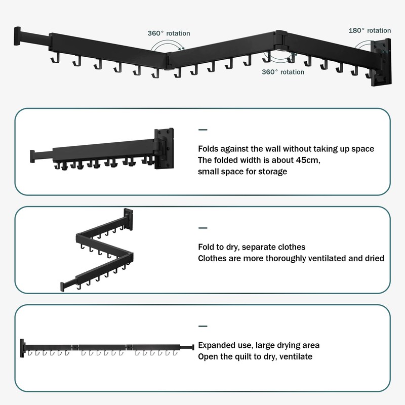 BOQORAD Clothes Drying Rack Wall Mounted,Extending Laundry Rack Wall Mount,Collapsible