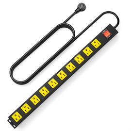 10 Outlet Metal Power Strip with 2100J Surge Protector, Heavy Duty 15FT Extension Cord, Wide Spaced Outlets and Wall Mount for Garage, Workshop, Industrial, Home (15ft)