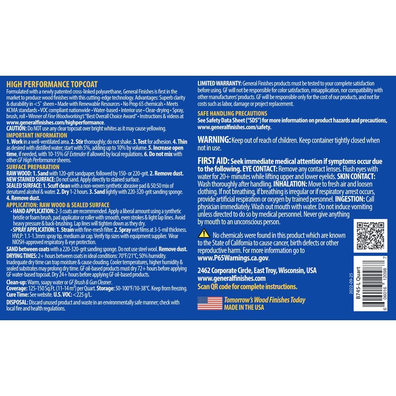 General Finishes High Performance Water Based Topcoat, 1 Quart, Dead